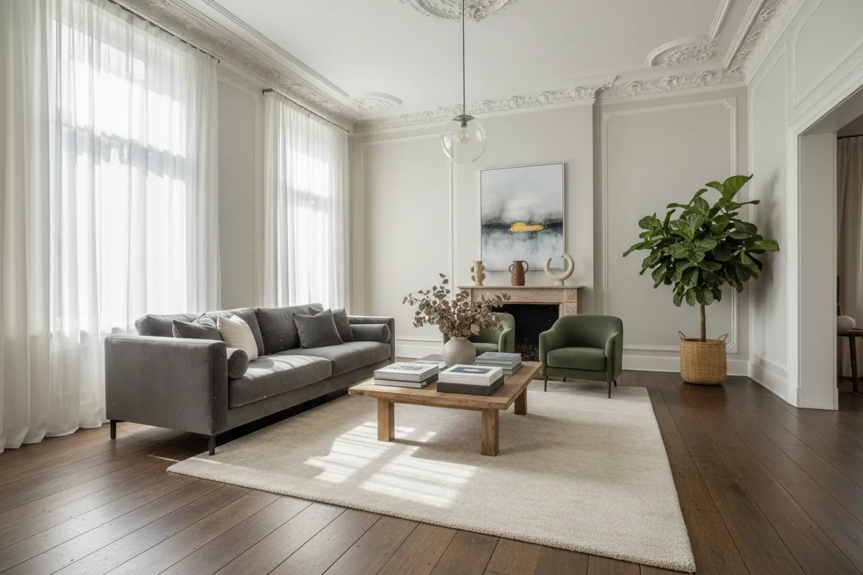 Ruime woonkamer in een villa met een donkere brede houten plankenvloer en hoge plafonds