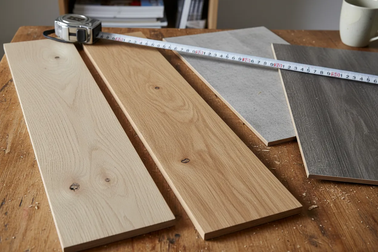 Monsters van houten en pvc vloeren op een tafel naast een meetlint