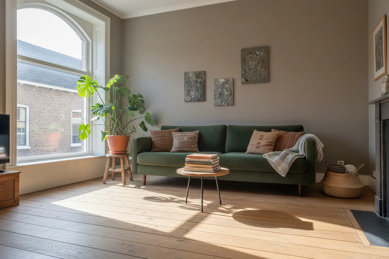 Lichte woonkamer in een Nederlands huis met een brede eiken vloer en veel daglicht