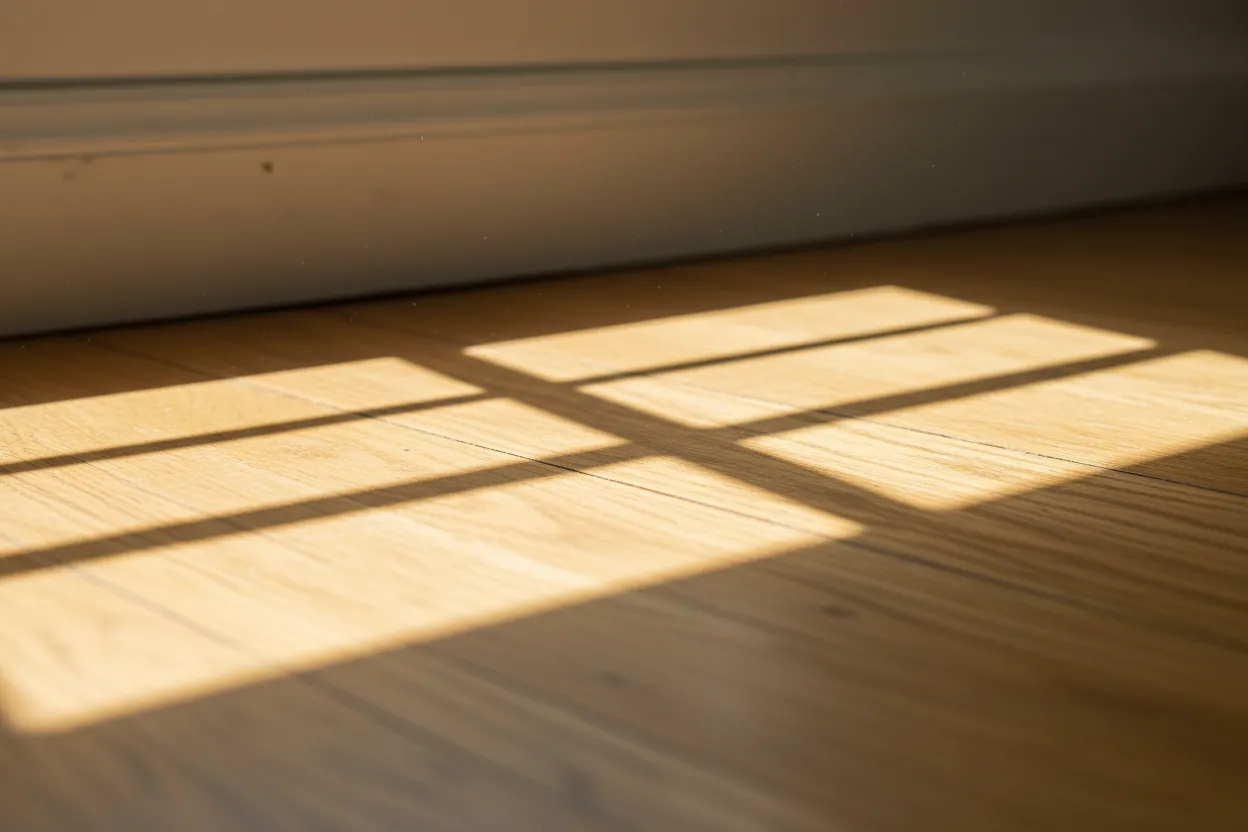 Detail van een eiken plankenvloer met plint in zonlicht