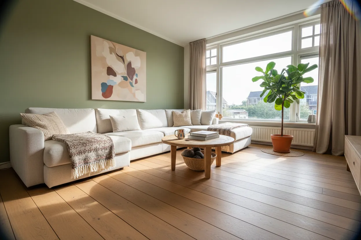 Woonkamer met een warme houten vloer, een bank en een grote plant